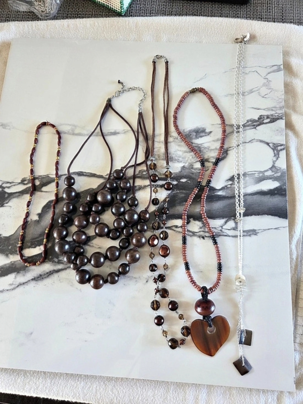 Lot of 5 Boho Earth Tone Wooden & Beaded Statement Necklaces Bundle